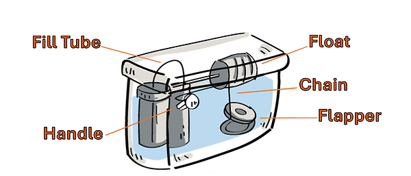 Toilet tank diagram showing the fill tube, float, chain, flapper and handle